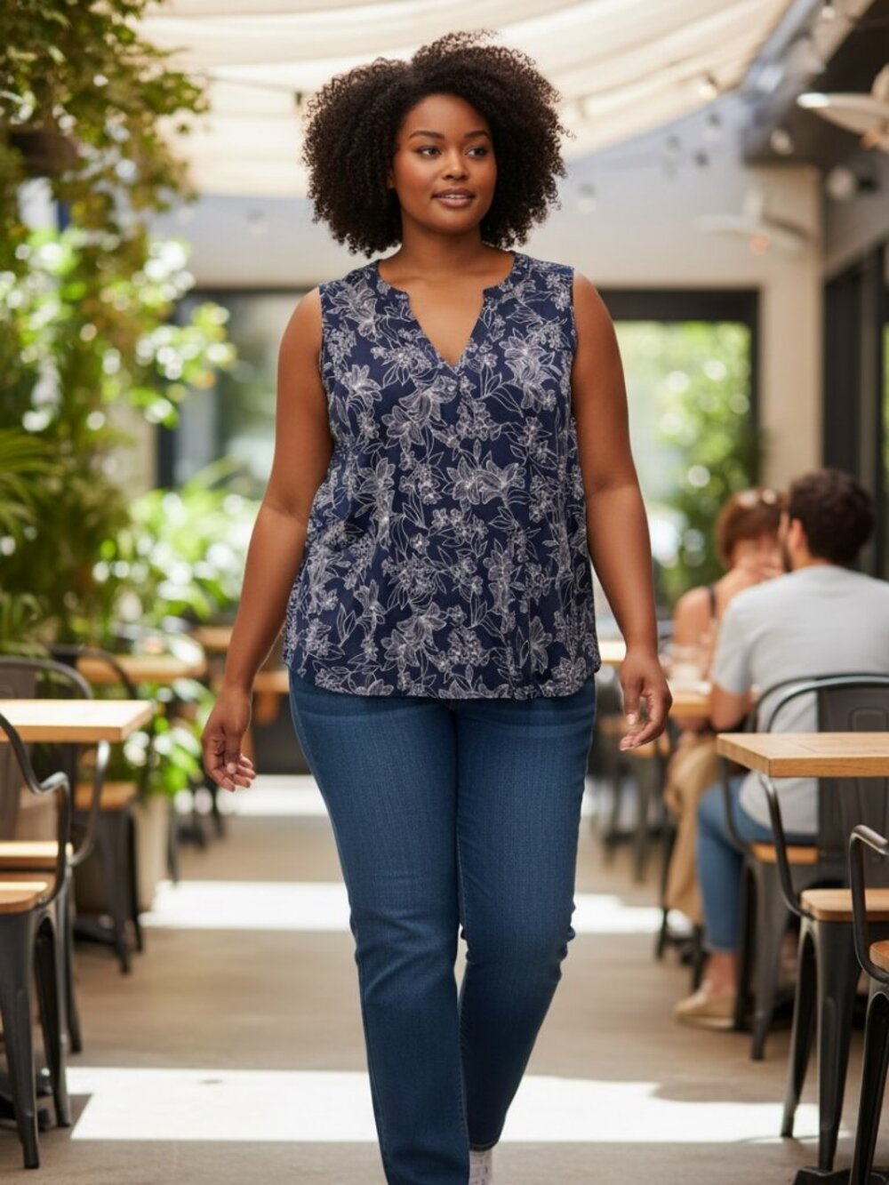 Women's Blue and White Sleeveless Blouse